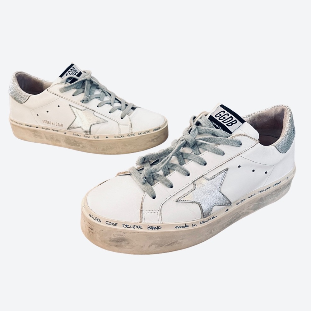 Golden Goose White Leather Sneakers with Silver Star and Heel